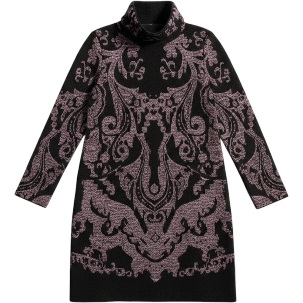 Free People‎ Sweater Dress S Black Purple Damask Jacquard Turtleneck Boho Mini